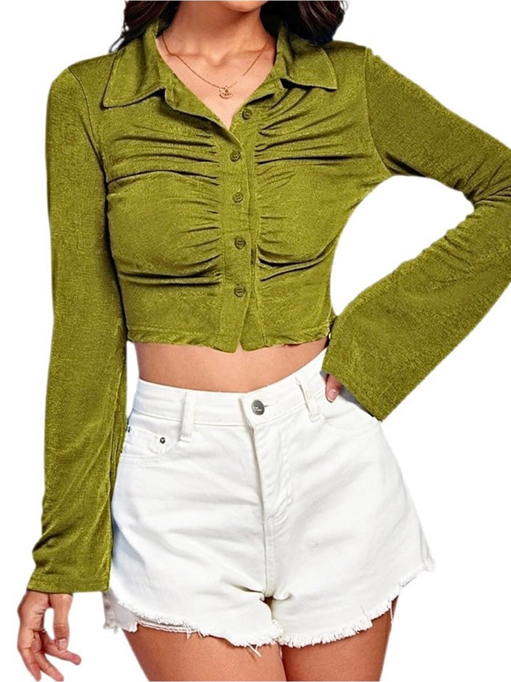 Olive Green Ruched Button Front Crop Top Bell Sleeves Size Small